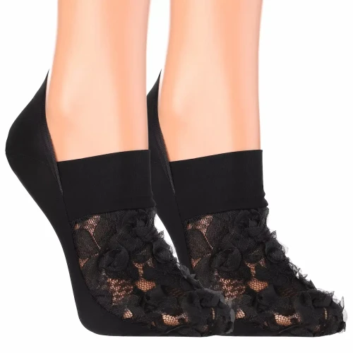 Czarne koronkowe stopki damskie Moraj z kwiatowym wzorem – na stopie