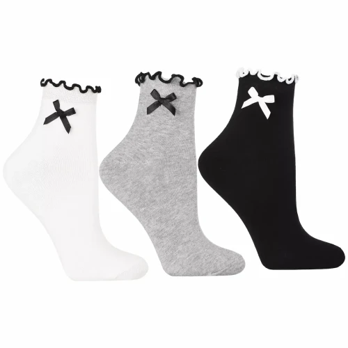 Damskie skarpetki Moraj z falbanką i kokardką – zestaw 3 par w kolorach białym, szarym i czarnym, rozmiar 38–41.