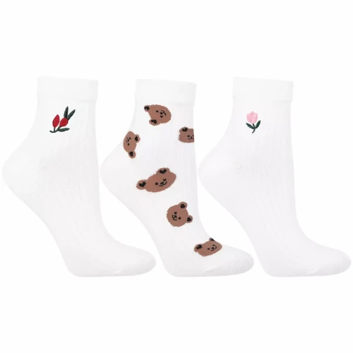 Skarpetki damskie Moraj – zestaw 3 par z kwiatkiem, gałązką i misiami, rozmiar 38–41.