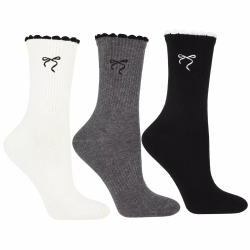 Damskie skarpetki Moraj z falbanką i kokardką – zestaw 3 par, kolory biały, szary i czarny, rozmiar 38–41.