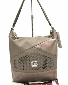 Laura Biaggi damska torebka shopper taupe z ażurową i zamszową wstawką