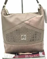 Laura Biaggi shopperka taupe – detal przodu z ażurową wstawką i logo
