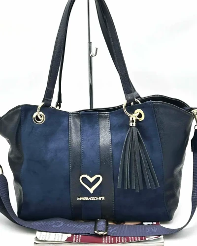 Granatowa shopperka Massimo Contti – fason rozpięty z dopinanym paskiem parcianym