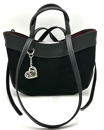 Torebka damska mini shopperka Laura Biaggi czarna – przód spięty, elegancka zamszowa eko-skóra z logo.