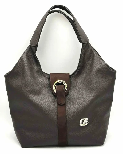 Czekoladowa shopperka Laura Biaggi – widok z przodu, połączenie eko skóry i ekozamszu, złote logo marki.