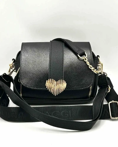 Czarna torebka listonoszka laura biaggi przód z uchwytem i dwoma paskami złote detale