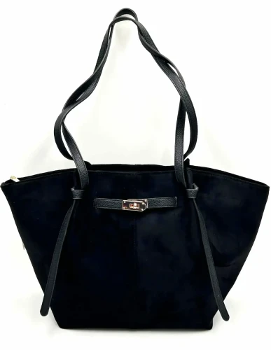 Czarna shopperka Gallantry Paris przód z długimi uchwytami – elegancka damska torebka z eko zamszu, pojemna torebka na ramię A4 do pracy i na co dzień