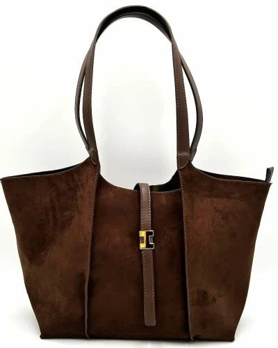 Brązowa torebka shopperka Gallantry Paris z ekozamszu – widok z przodu, modny czekoladowy odcień, złote okucia