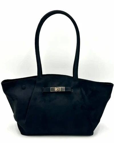 Gallantry Paris czarna torebka shopperka z ekozamszu – widok z przodu z ozdobnym paseczkiem i złotymi okuciami