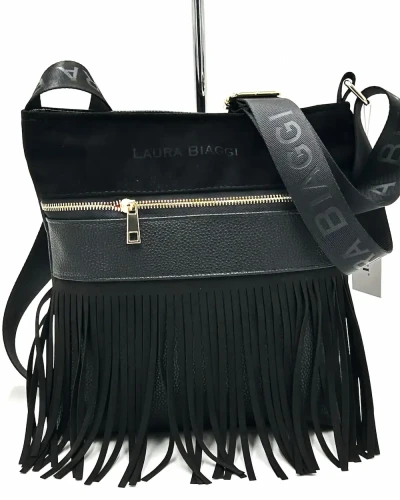 Czarna listonoszka Laura Biaggi z frędzlami – widok z przodu, styl boho.