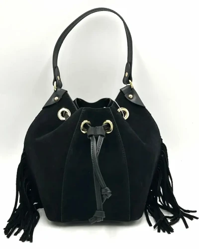 Czarna torebka worek Laura Biaggi z naturalnego zamszu i frędzlami – przód