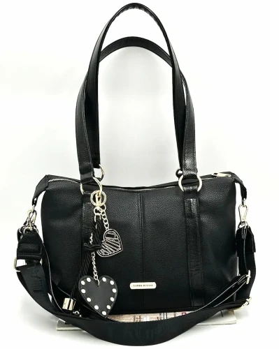 Czarna damska torebka na ramię Laura Biaggi – przód modelu z dwoma paskami, złote detale i logo marki