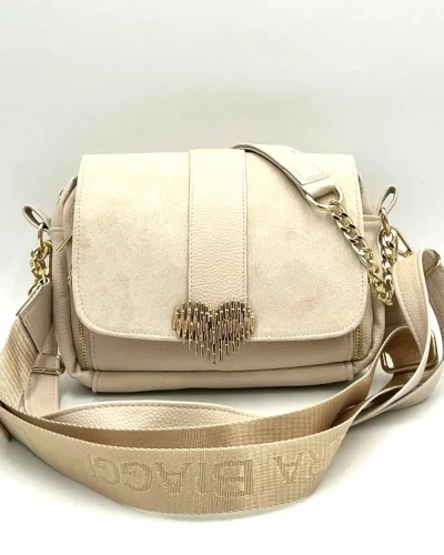 Jasnobeżowa torebka listonoszka Laura Biaggi z eko-zamszu z dwoma paskami i uchwytem