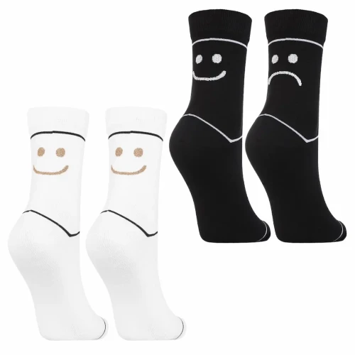 Skarpetki damskie Moraj dwupak – białe i czarne skarpetki z emotką, długie za kostkę