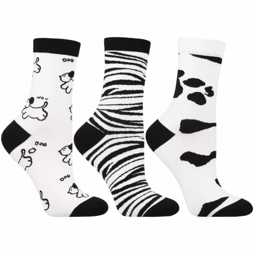 Skarpetki damskie Moraj długie we wzory – zestaw 3 par, czarno-białe, rozmiar 38–41