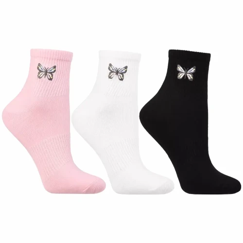 Skarpetki damskie Moraj 3/4 z haftowanym motylkiem – zestaw trzech par biały czarny różowy