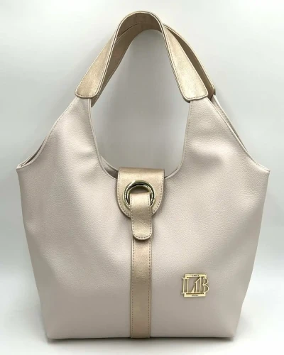 Jasno beżowa torebka shopperka Laura Biaggi ze złotymi wstawkami – widok z przodu