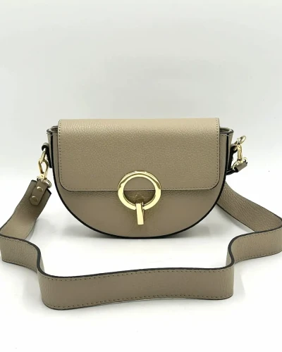 Beżowa listonoszka Laura Biaggi z dopinanym skórzanym paskiem i złotymi okuciami