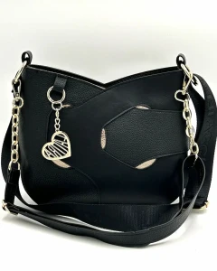 Laura Biaggi damska torebka listonoszka czarna z ekoskóry ze złotymi detalami