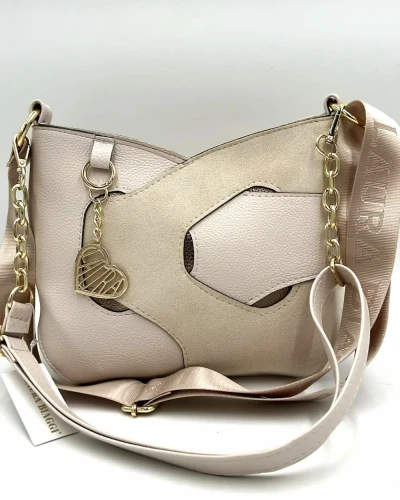 Jasno beżowa torebka listonoszka Laura Biaggi – przód, ekoskóra i eko-zamsz