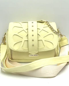 Laura Biaggi damska torebka listonoszka żółta – ekoskóra, zamszowa klapka, 2 paski