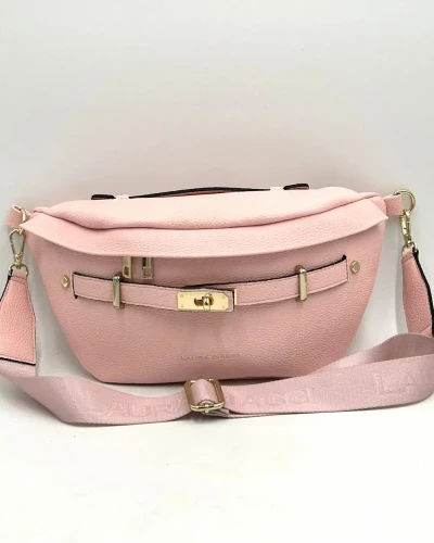 różowa nerka damska Laura Biaggi z logowanym paskiem – elegancka torebka nerka przód