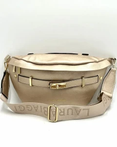 Laura Biaggi damska torebka nerka złota – elegancka nerka crossbody z logowanym paskiem