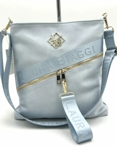 Laura Biaggi damska torebka listonoszka jasnoniebieska zamszowa z logowanym paskiem