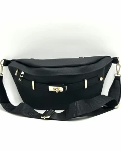 Laura Biaggi damska torebka nerka czarna – elegancka nerka crossbody z logowanym paskiem