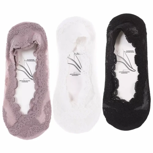 Stopki damskie Moraj koronkowe 3 pak czarne białe brudny róż przód