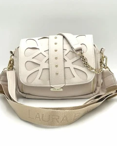 Laura Biaggi damska torebka listonoszka beżowa ażurowa na ramię elegancka