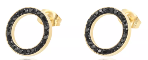 Kolczyki wkrętki ring złote z czarnymi cyrkoniami – stal nierdzewna 316L