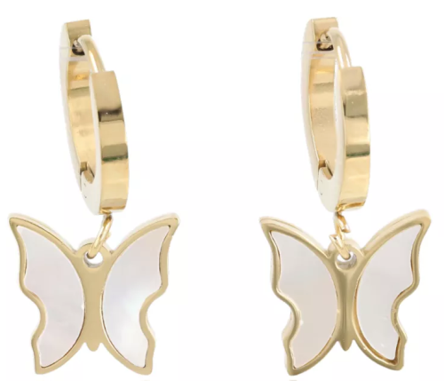 Kolczyki złote wiszące z kółkiem i motylkiem – widok z przodu