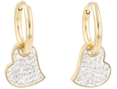 Kolczyki kółeczka złote z zawieszką serca i cyrkoniami – stal nierdzewna 316L