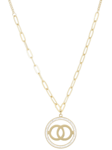 Długi naszyjnik złoty ze stali nierdzewnej z zawieszką ring i cyrkoniami