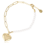Bransoletka złota z perełkami i zawieszką serce – stal nierdzewna 316L
