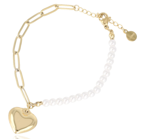 Złota bransoletka z perełkami, dużymi ogniwami i zawieszką serce ze stali nierdzewnej 316L
