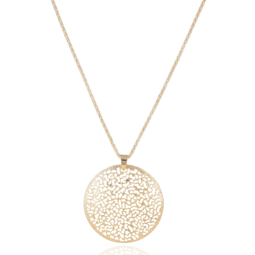 Długi naszyjnik złoty z zawieszką ażurowe koło na białym tle – widok z przodu