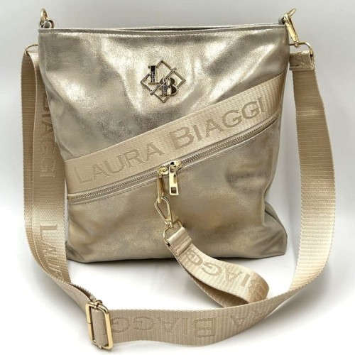 Przód torebki Laura Biaggi złota z logo i kieszenią