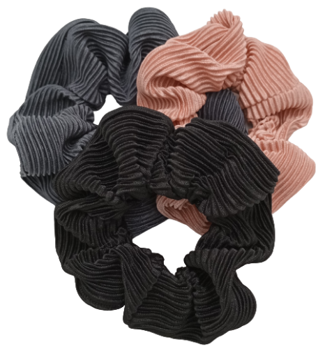 Zestaw trzech gumek do włosów – czarna, szara i beżowa scrunchie