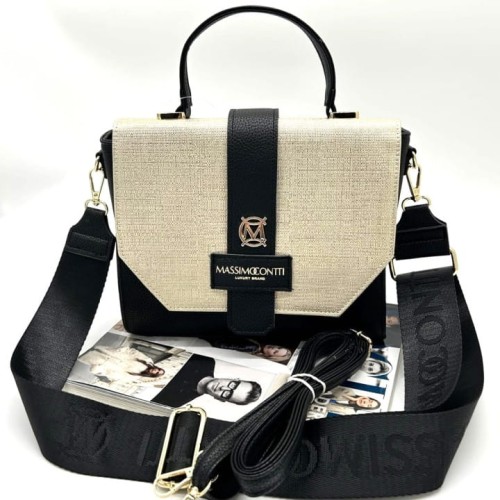 Massimo Contti czarna torebka kuferek z efektowną złotą klapką – skóra ekologiczna