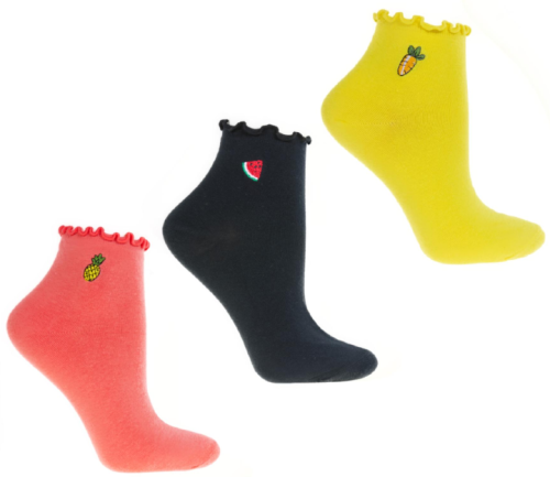 Skarpetki Moraj damskie – widok 3 par z haftem owoców i warzyw