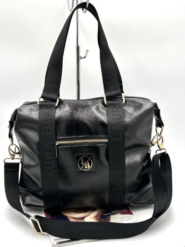 Laura Biaggi shopperka czarna z połyskiem – przód z kieszenią i logo