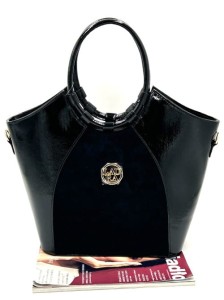 Laura Biaggi czarna torebka kuferek damski z połyskiem i zamszem