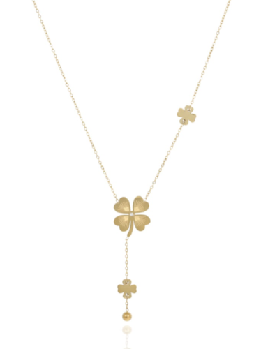 Złoty naszyjnik z koniczynkami – elegancka krawatka z subtelnym zawieszeniem, symbol szczęścia i pozytywnej energii.