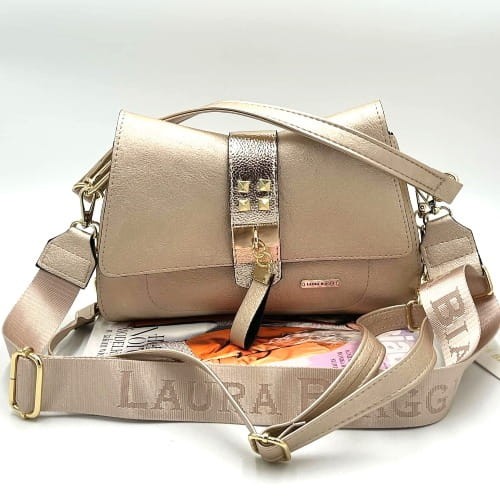 Torebka Laura Biaggi złota z uchwytem i dwoma paskami – elegancki model listonoszki z kompletem pasków do noszenia na różne sposoby.