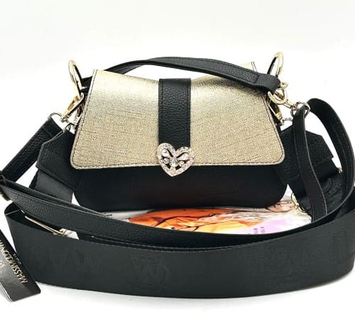 massimo contti torebka czarno-złota z serduszkiem widok z przodu z paskami