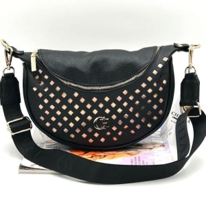 Chiara damska torebka nerka czarna z ozdobnym frontem i lusterkiem