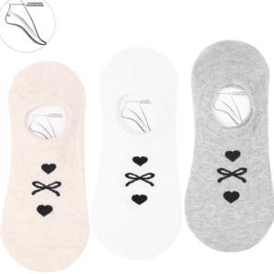 Stopki damskie 3-pak z serduszkiem i kokardką – beż, biel, szarość – rozmiar 38–41