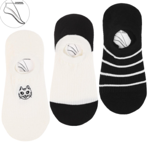 Stopki damskie 3-pak z haftem kota i paskami – niskie, bawełniane – rozmiar 38–41